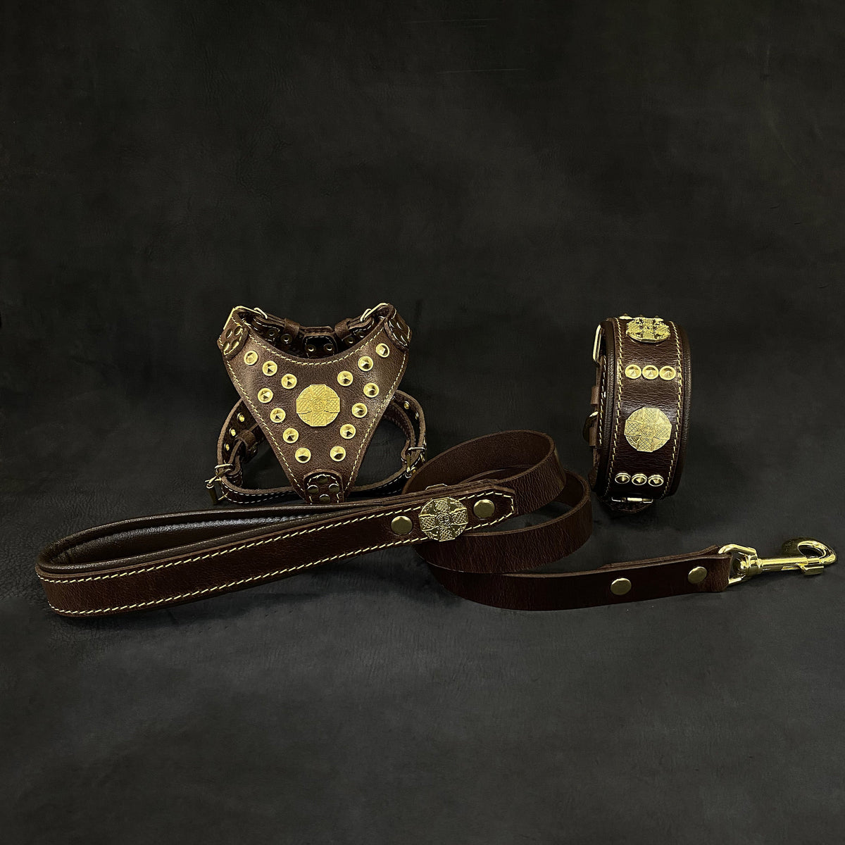 Bestia Maximus Leather Harness, Collar & Leash Set – Brown & Gold, Small–Medium Dogs