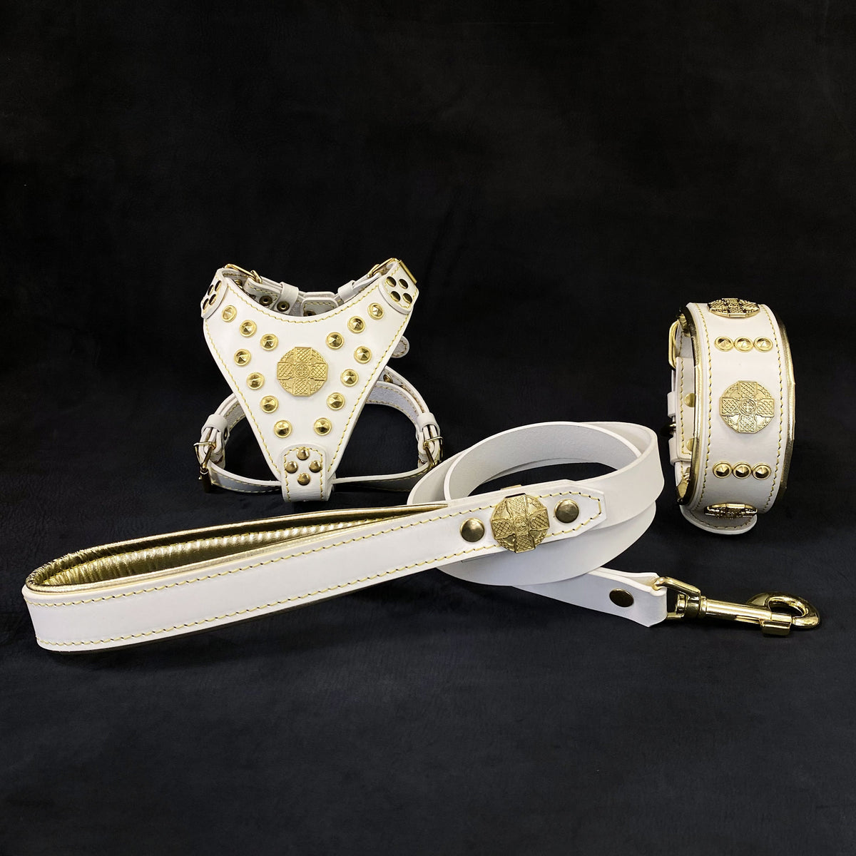 Bestia Maximus Leather Harness, Collar & Leash Set – White & Gold, Small–Medium Dogs