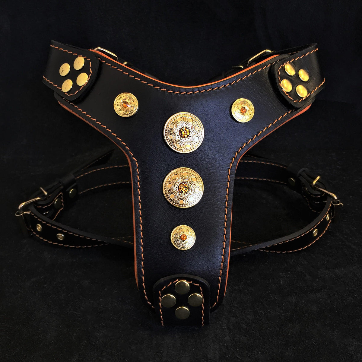 Bestia Bijou Leather Dog Harness – Black & Orange, Small–Medium Dogs