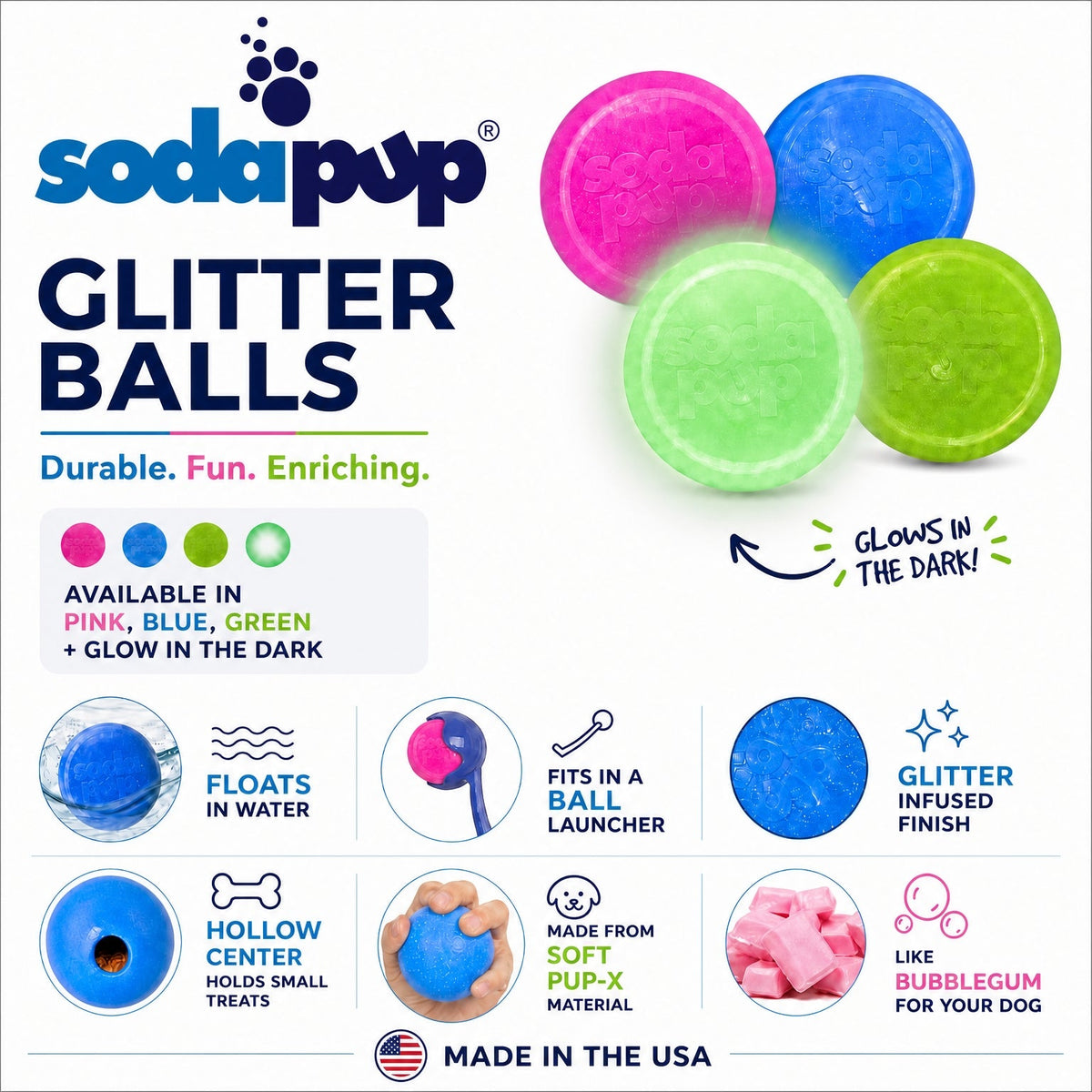 Glitter Ball  Dog Toy | Soft PUP-X Rubber Floating Fetch Ball with Treat Dispenser | USA Made
