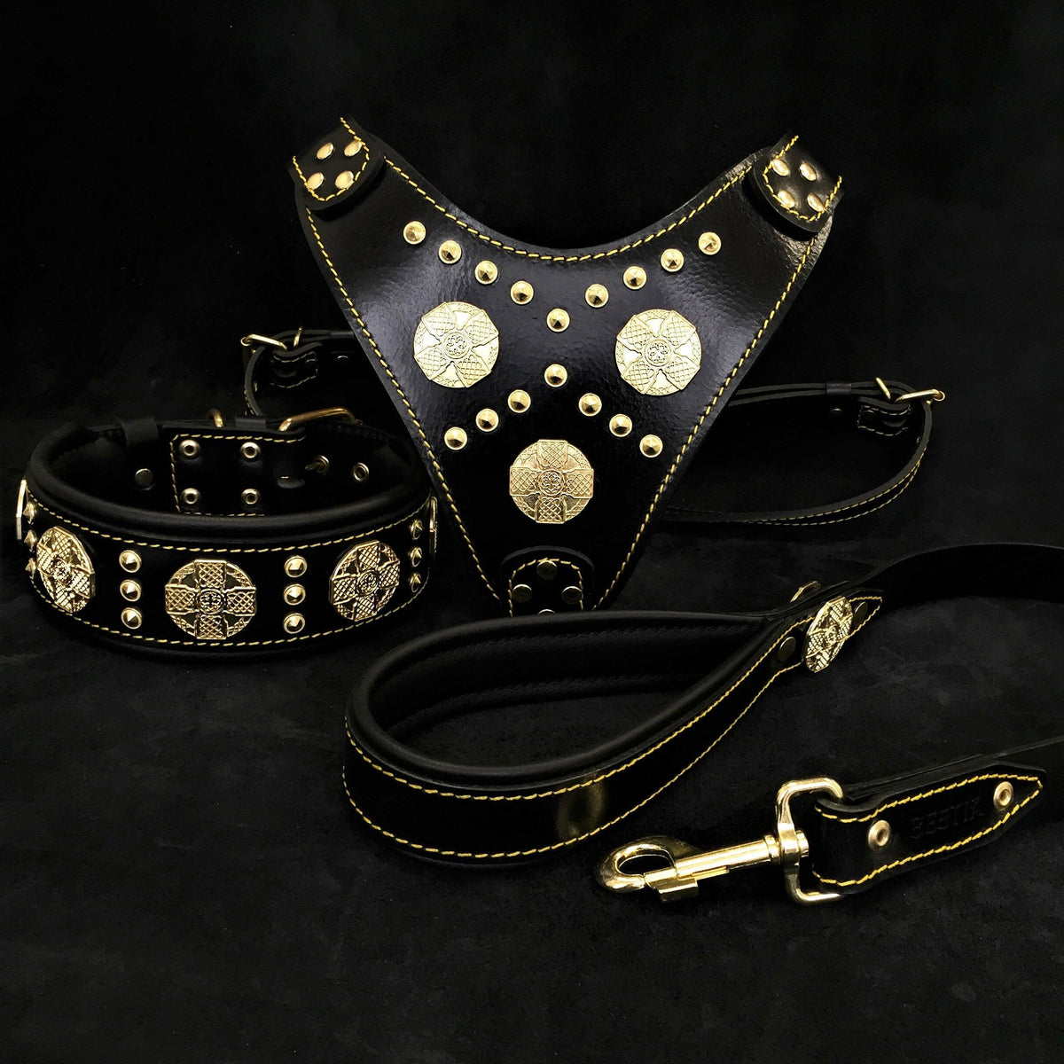 Bestia Maximus Leather Harness, Collar & Leash Set – Black, Brass Rivets, Large Breeds