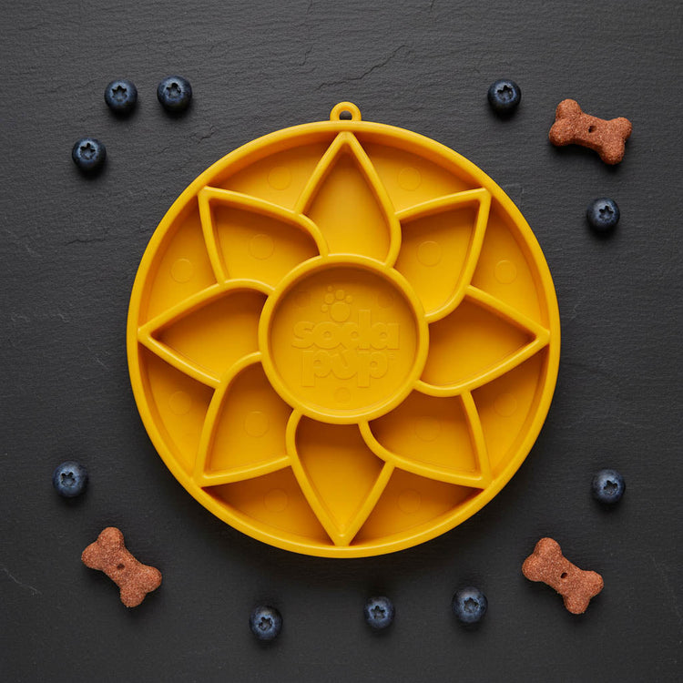 Sunflower Softie eTray Slow Feeder Dog Bowl | Soft Shallow Lick Mat | Yellow & Purple | USA Made