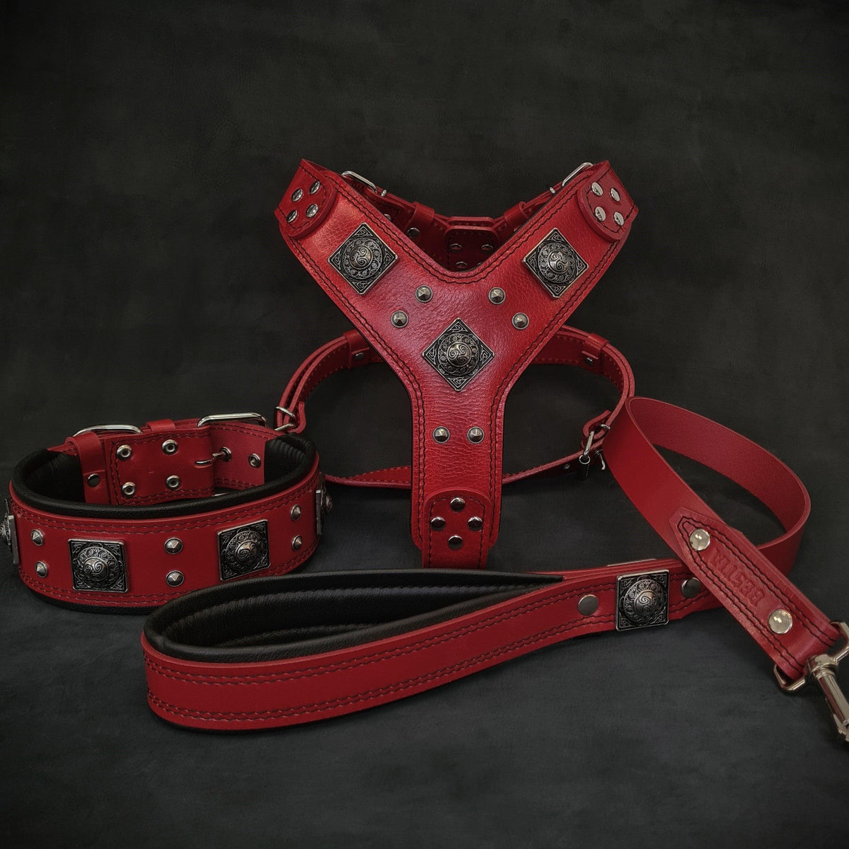 Bestia Eros Leather Harness, Collar & Leash Set – Red, Large Breeds