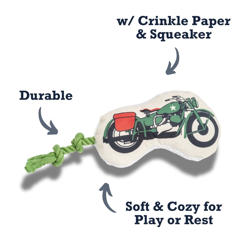 Country Living Retro Army Motorcycle Plush Dog Toy with Squeaker & Rope