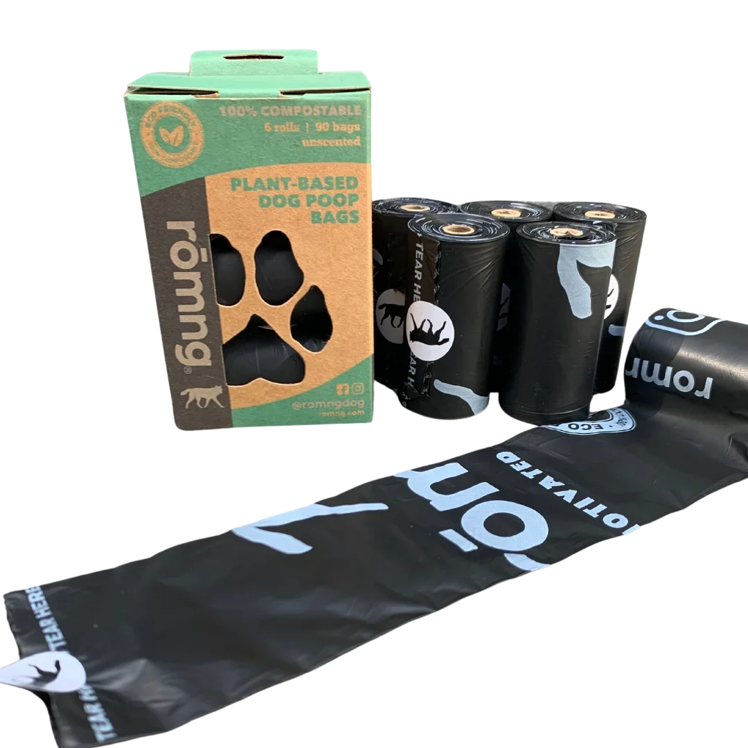 compostable plant-based dog poop bags by rōmng