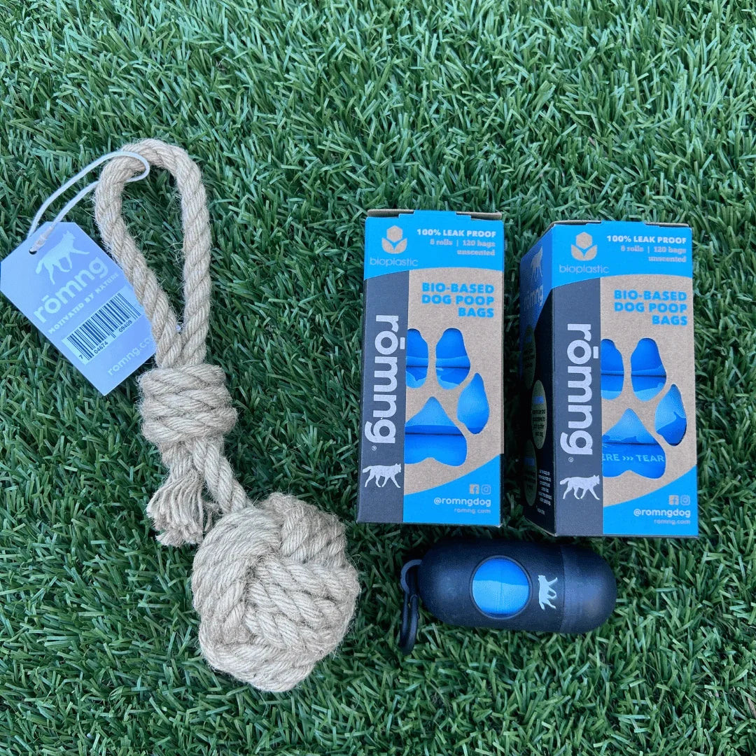 Bio-Based Poop Bag Bundle with Bamboo Dispenser + Hemp Rope Tug Toy | rōmng