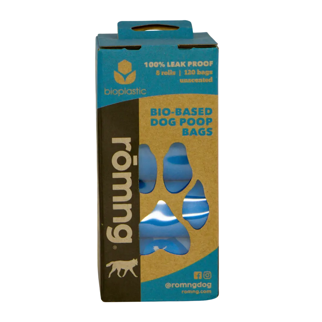 bio-based dog poop bags + bamboo dispenser rōmng