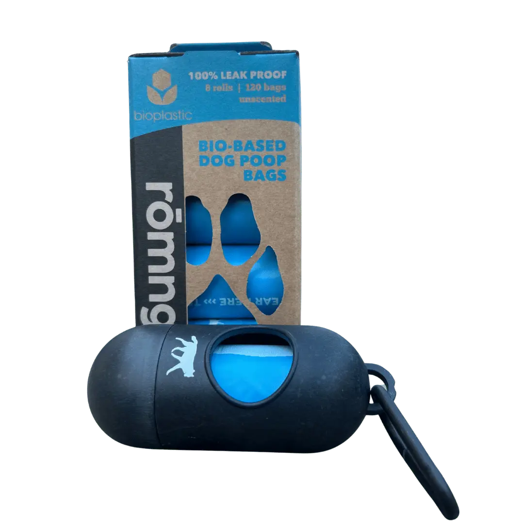 bio-based dog poop bags + bamboo dispenser rōmng