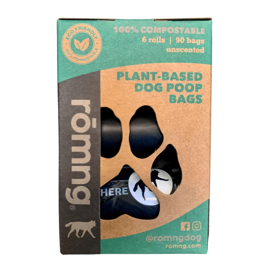 compostable plant-based dog poop bags + bamboo dispenser rōmng