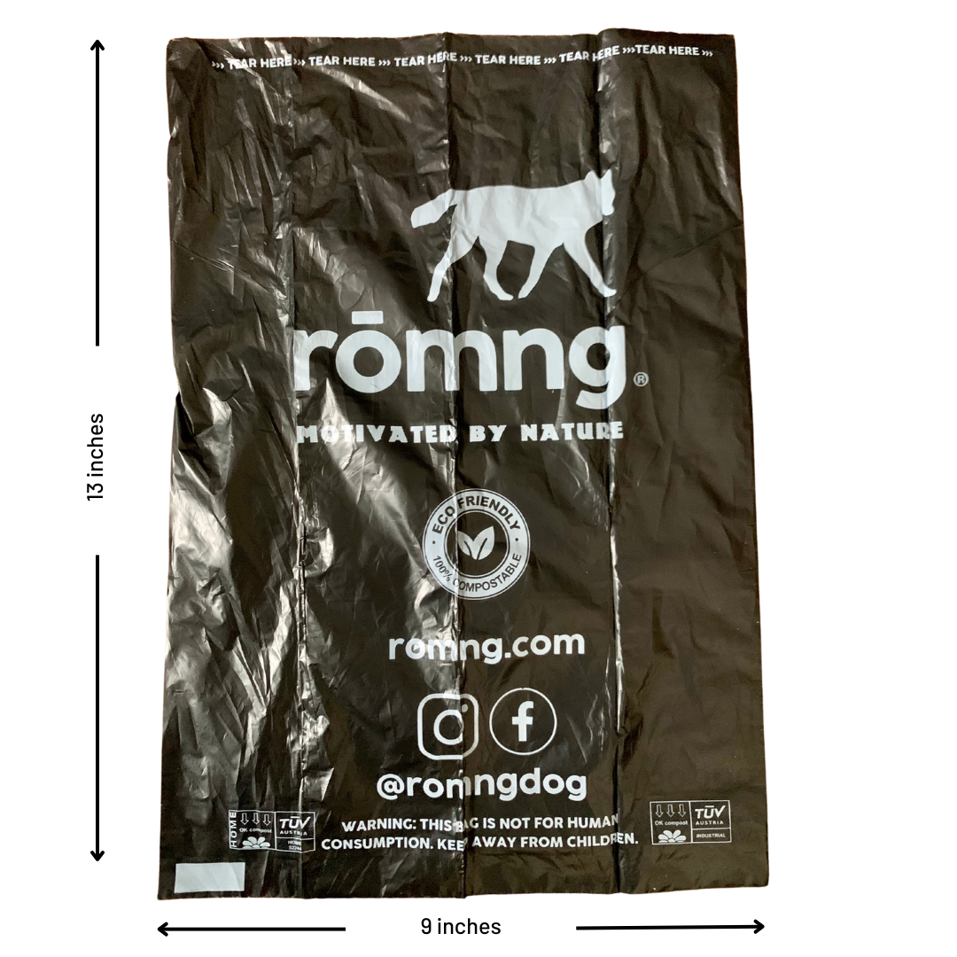 Compostable Dog Poop Bags + Bamboo Dispenser rōmng