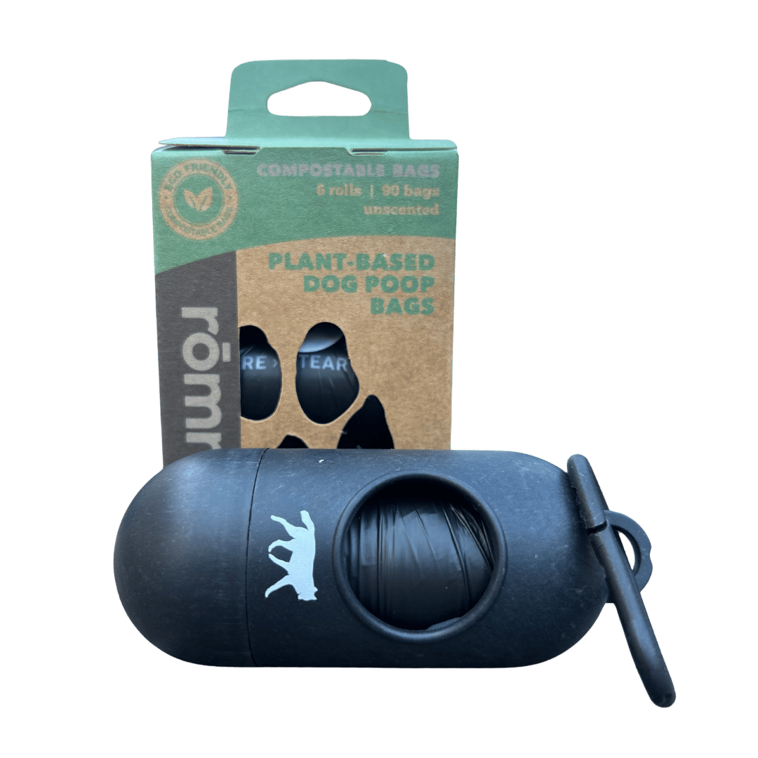 Compostable Dog Poop Bags + Bamboo Dispenser rōmng