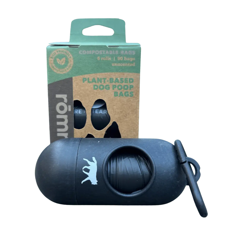 compostable plant-based dog poop bags + bamboo dispenser