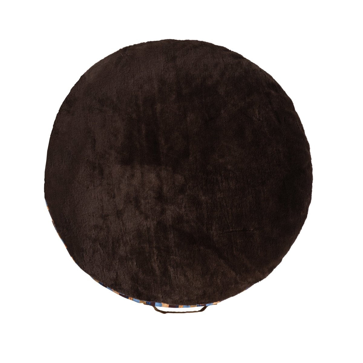 Round Stripe Dog Bed with Fur in a living room setting