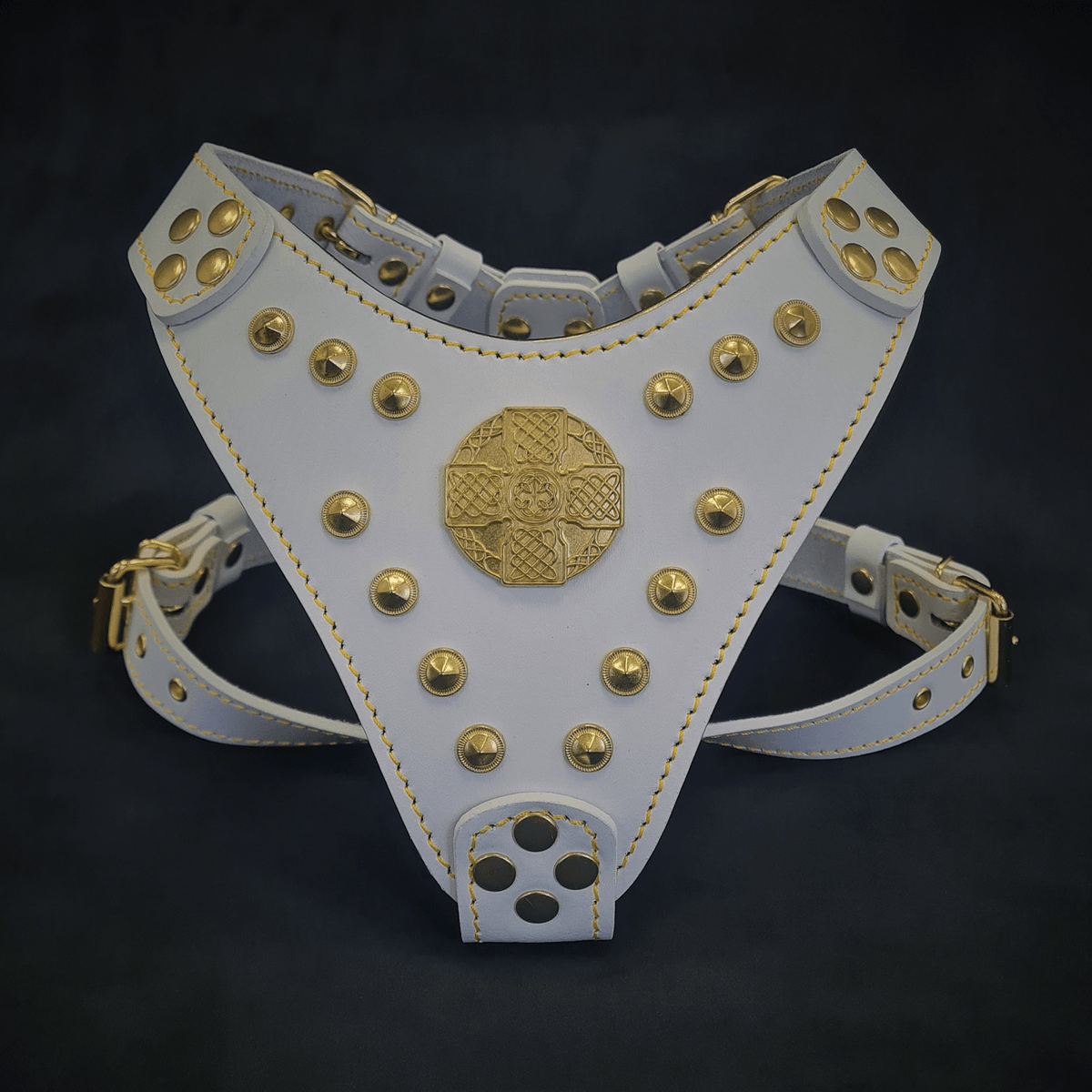 Bestia Maximus Leather Dog Harness – White & Gold, Small–Medium Dogs
